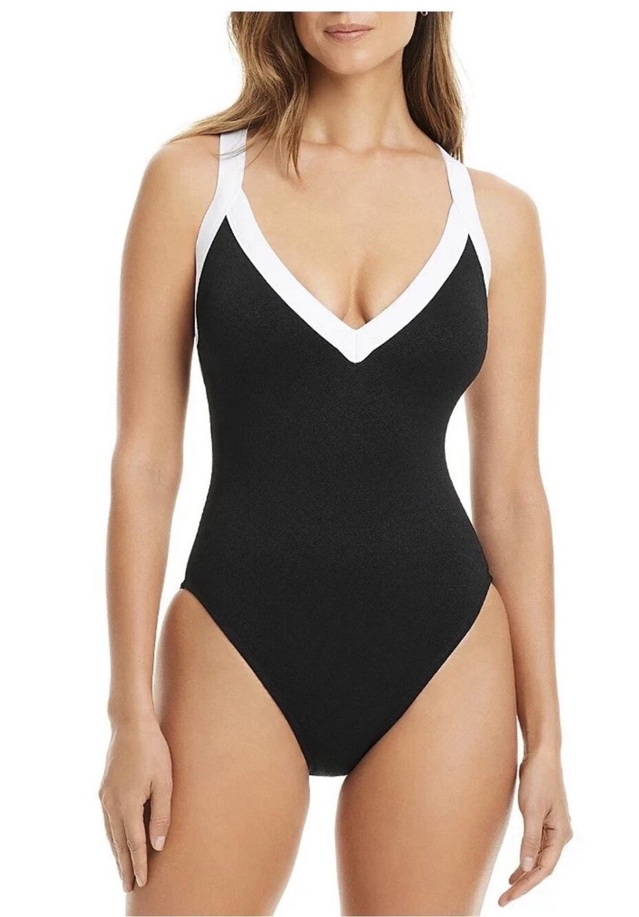 NWOT $119 Bleu by Rod Beattie Plunge Neck One Piece Swimsuit Black Sz 10 (aQ5)